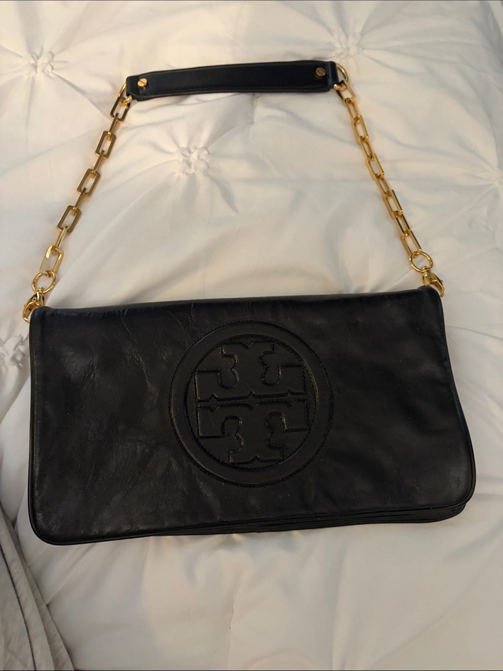 Tory Burch Black Leather Logo Chain Shoulder Bag